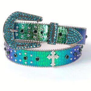 Rhinestone Cowboy Belt Iridescent Green Faux Leather Belt with Sparkling Bling